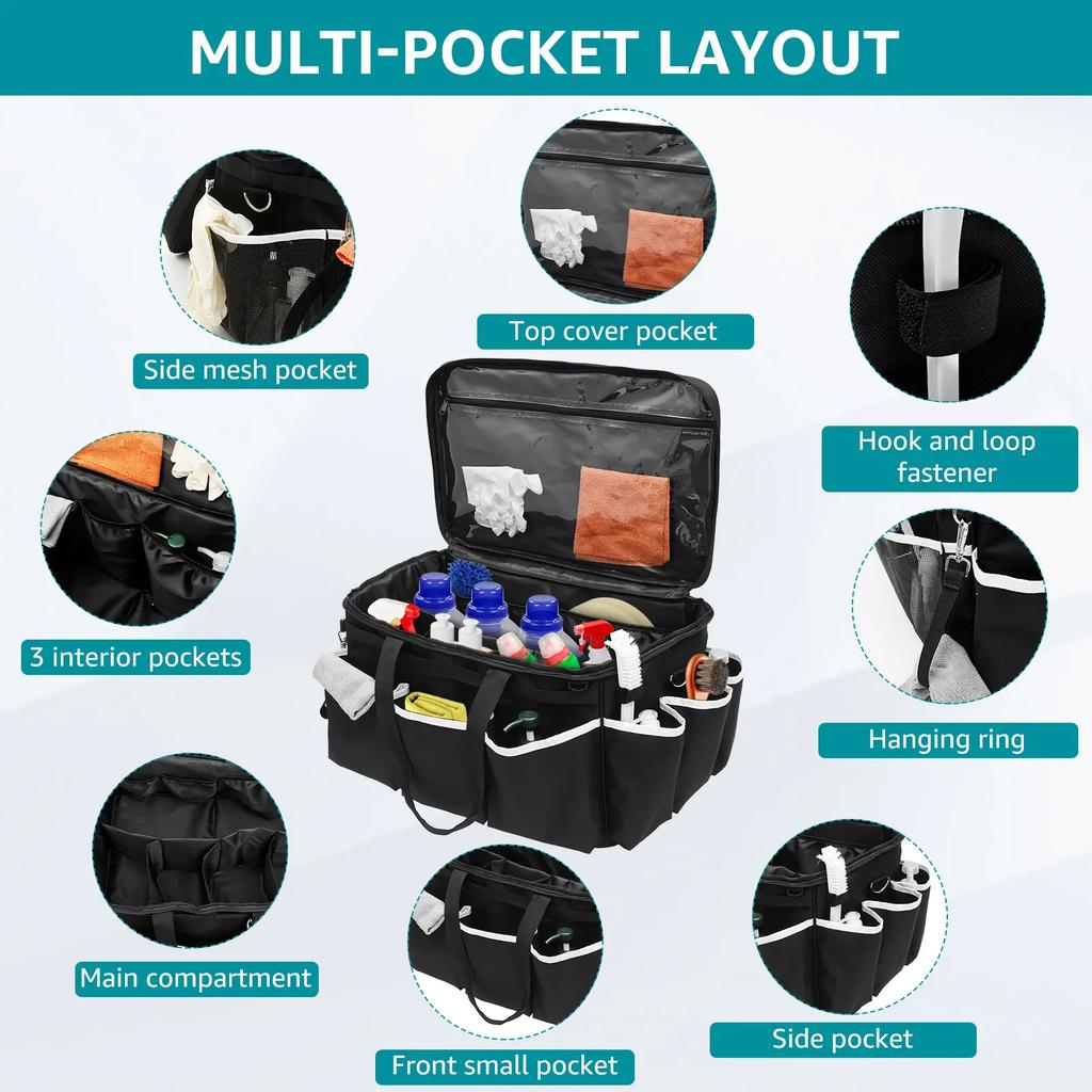 Car Detailing Bag Large Waterproof Cleaning Tool Storage Bag with Multiple Pocket & Adjustable Shoulder Strap Electric Tool Bag
