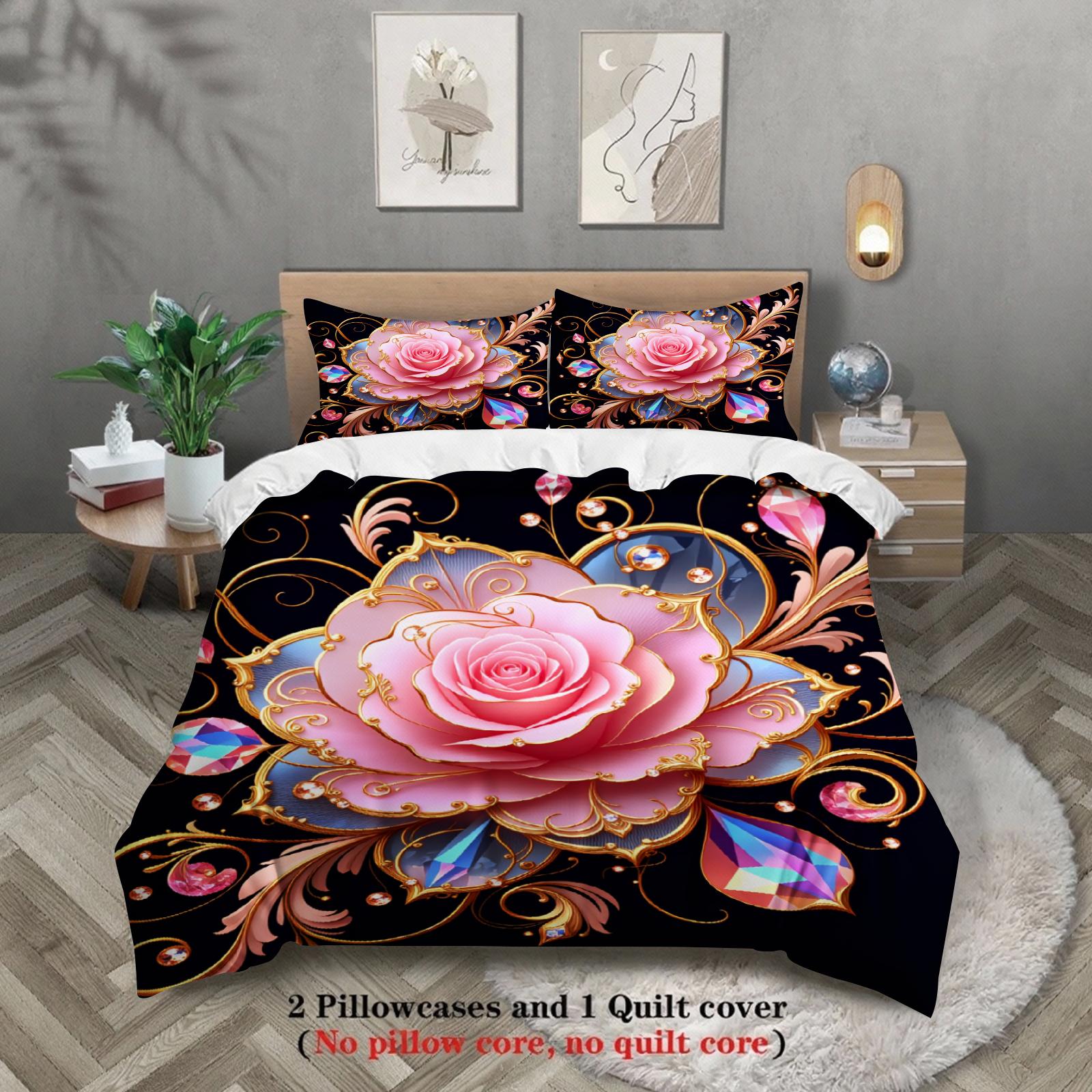 

3pcs Rose Floral Bedding Sets 3D Printed Pink Rose Pattern Wrinkle Resistant Duvet Cover Sets With Pillowcases No Filling US Twin(172x218cm)