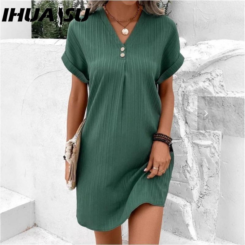 

IHUASU Женская мода Лето Весна Однотонный принт Короткий рукав V-образный вырез Завышенная талия Повседневные платья XXXXL зелёный