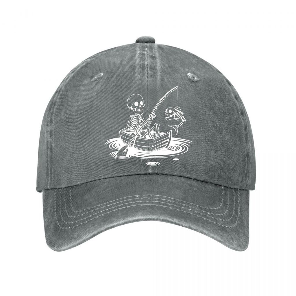 Skeleton Boating Fishing Print Sun Hat Fishing Rod Sports Hat Stylish Unisex Adjustable Baseball Ca Washed Baseball Cap