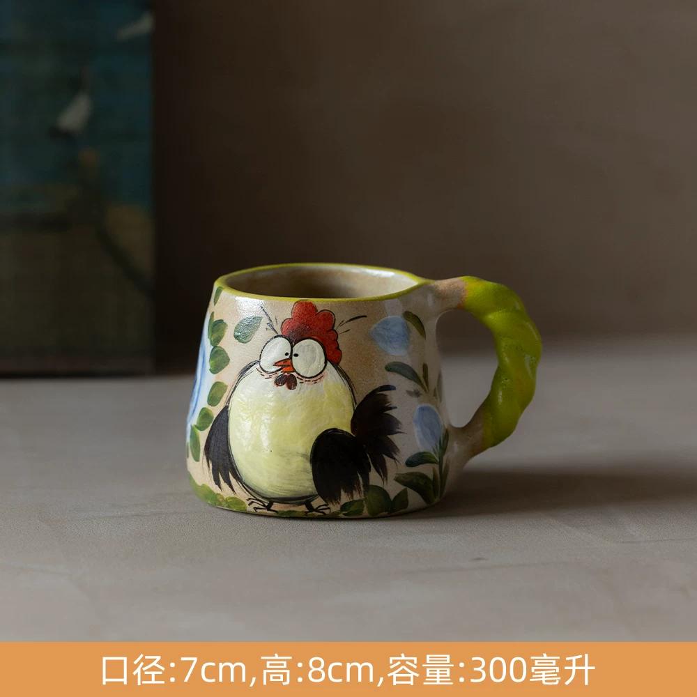 Cute Cat Ceramic Mug,Vintage Hand-Painted Ceramic Mug, Retro Floral Coffee Cup, Handmade Art Teacup for Home Office