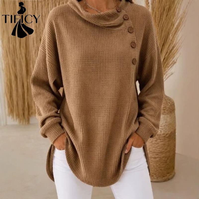 TIFICY Camicette e camicie con scollo a maniche lunghe con stampa tinta unita primavera autunno moda casual da donna