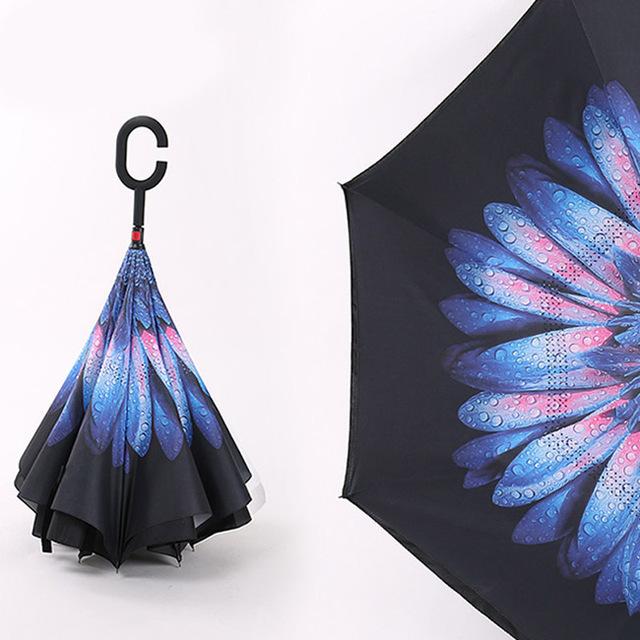 JPZYLFKZL Free Style Creative Long Shank Double Layer Inverted Umbrella Windproof Reverse C-Hook Male Golf Umbrella Reverse