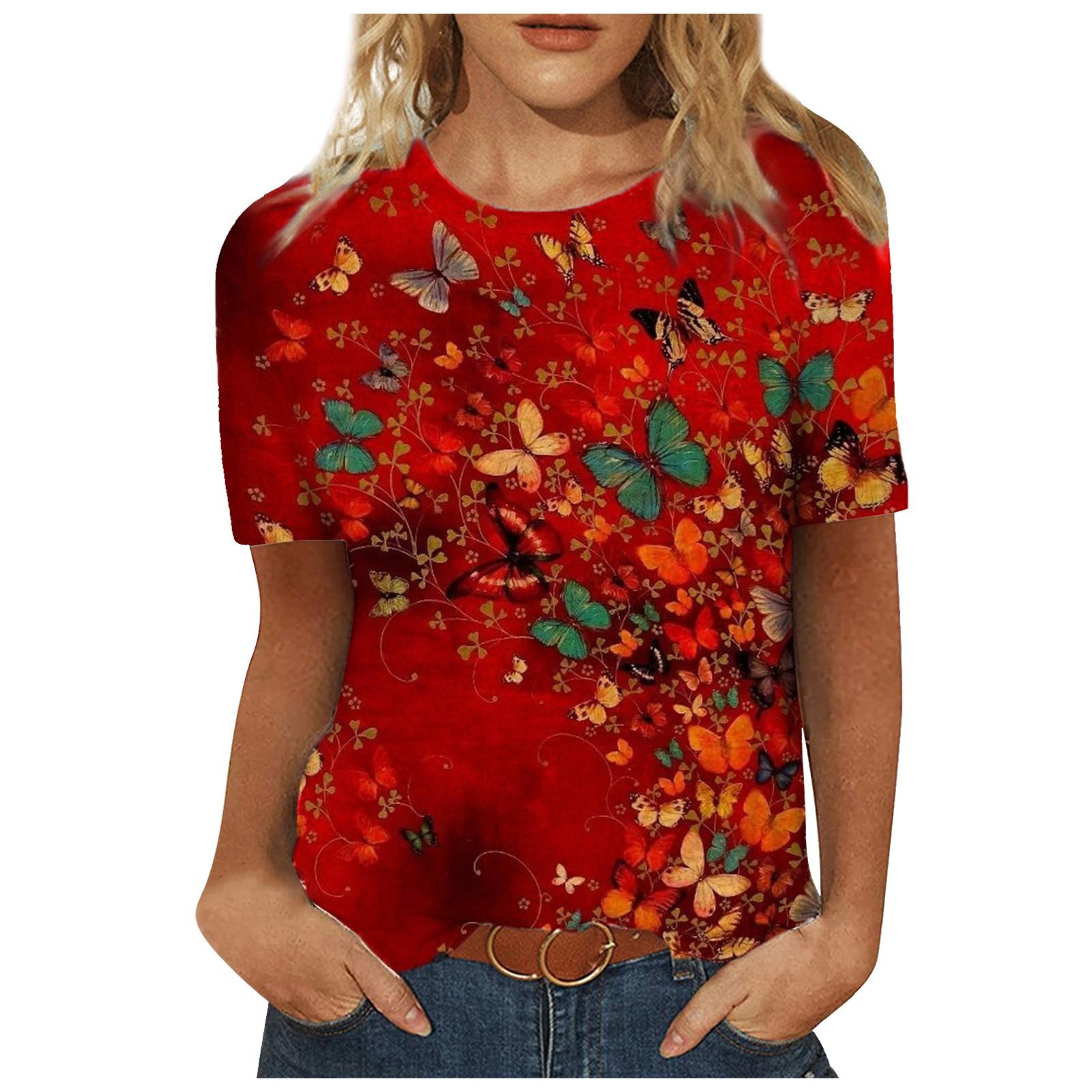 

Модные женские летние повседневные футболки с короткими рукавами и круглым вырезом с принтом XL красный