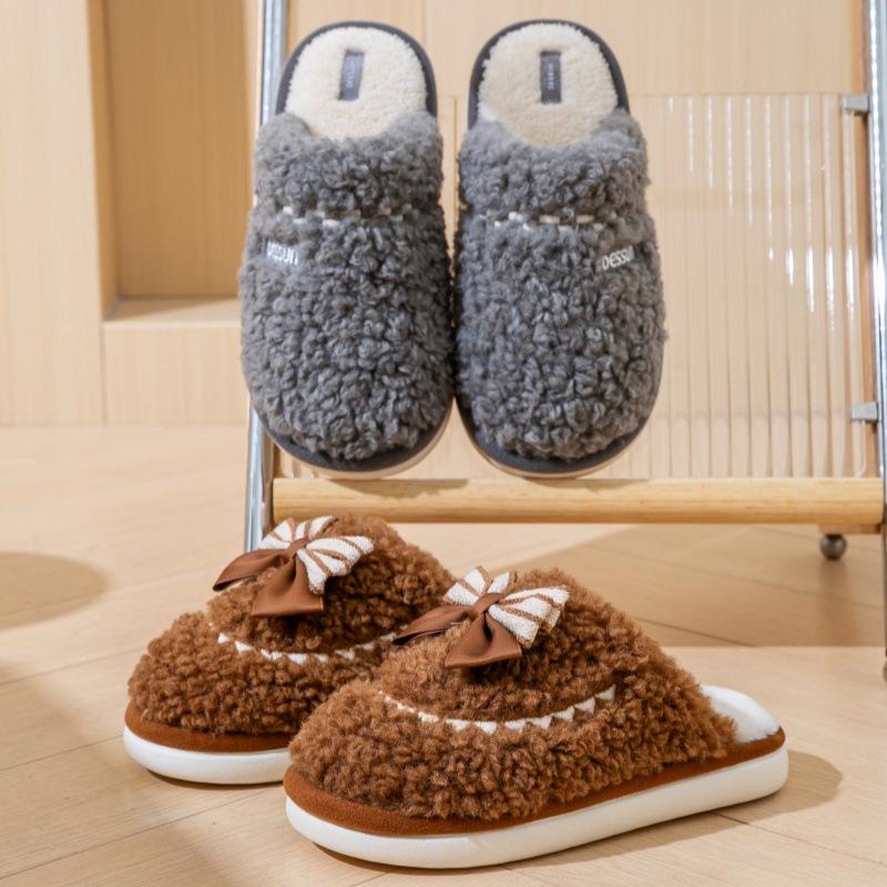 Winter Bowknot Furry Slippers for Couples - Cozy Indoor Cotton Slippers