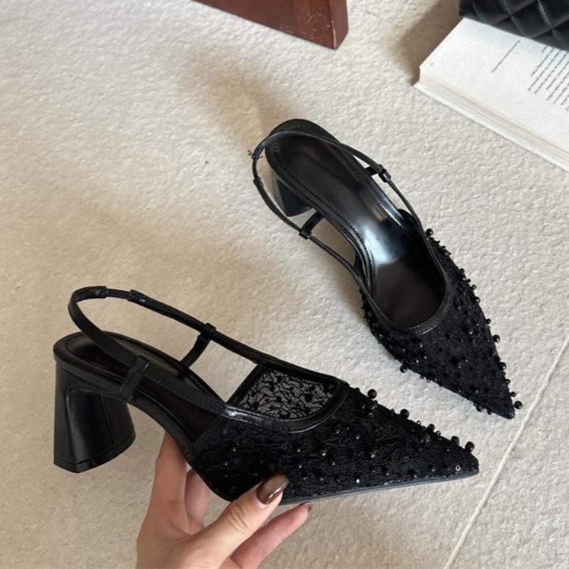 Mesh String Beads High Heels Women Bling Lace Pointed Toe Mules Slingback Dress Shoes Breathable Chunky Heel Women Sandals