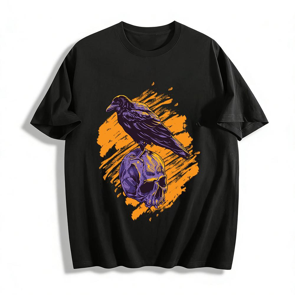 Dark Style Raven Skull Print Trendy Cool Casual Short Sleeve T-Shirt Pure Cotton T-shirt
