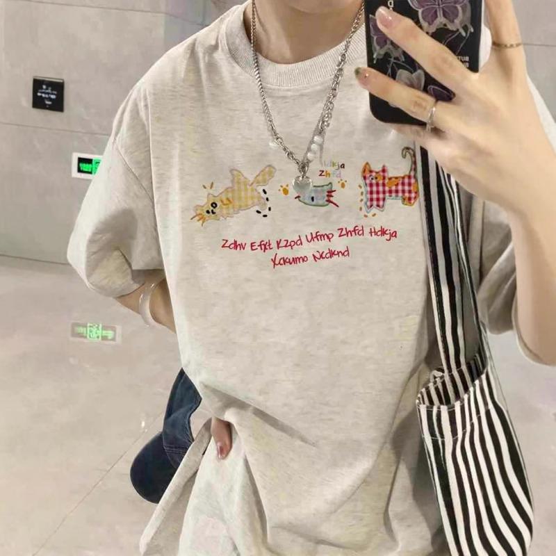 

Літня Вільна Повсякденна Мила Бавовняна Футболка з Принтом Жіноча Футболка з Коротким Рукавом Жіночий Вінтажний Топ Хараджуку 6XL сірий