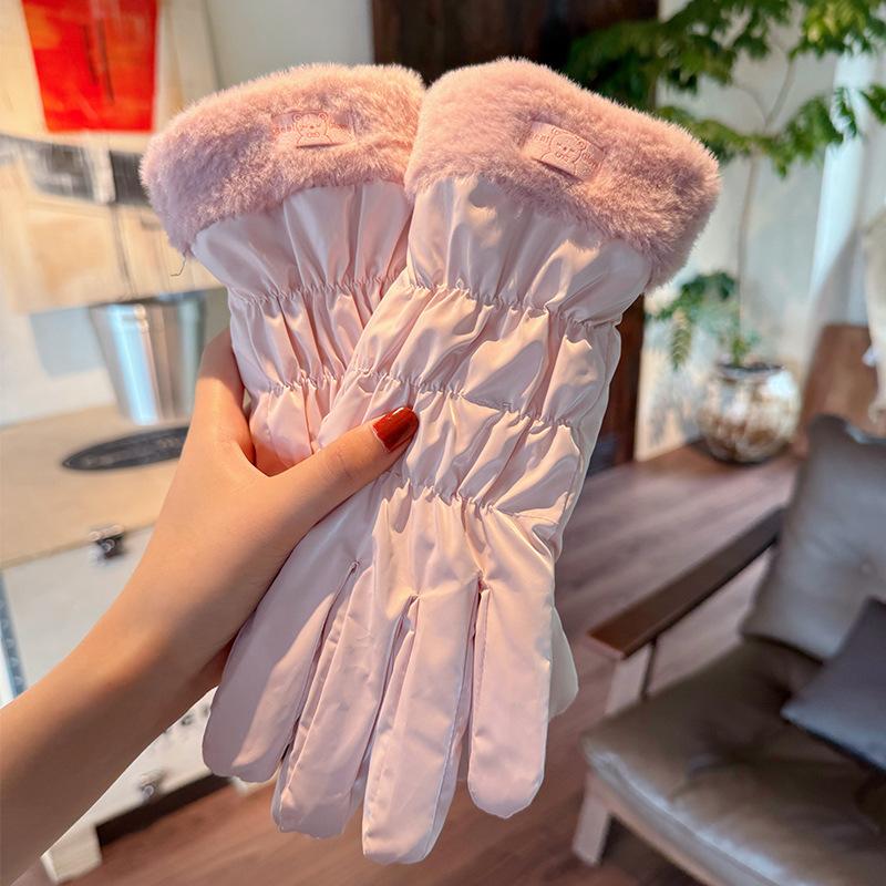 Student women's down cotton thickened cold-proof cute gloves women's season warm