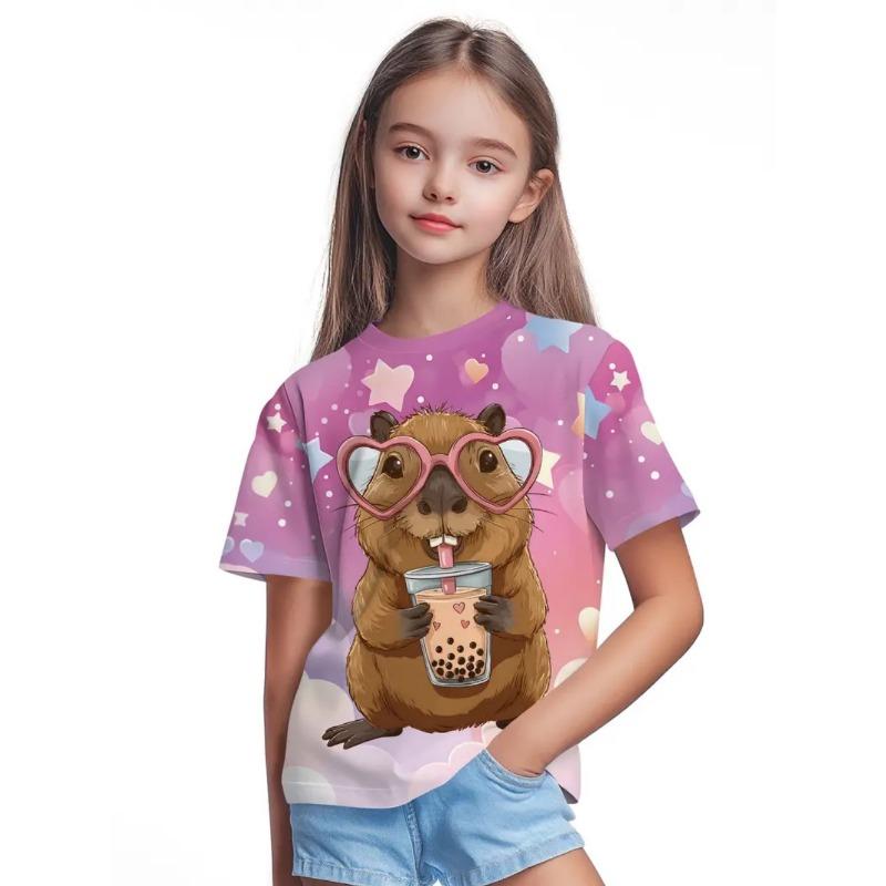 T-Shirts for Girls Fashion Capybara Children Clothes Summer Girls Clothes 7 To 8 Years Tops Cute Cartoon Print Tee Child T-Shirt