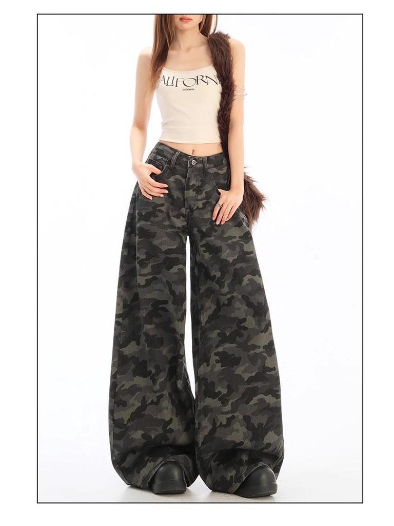 Q2523 Neutral Camo Wide-Leg Women's Jeans - Spring/Autumn New Arrival, Loose Fit, Floor-Length.