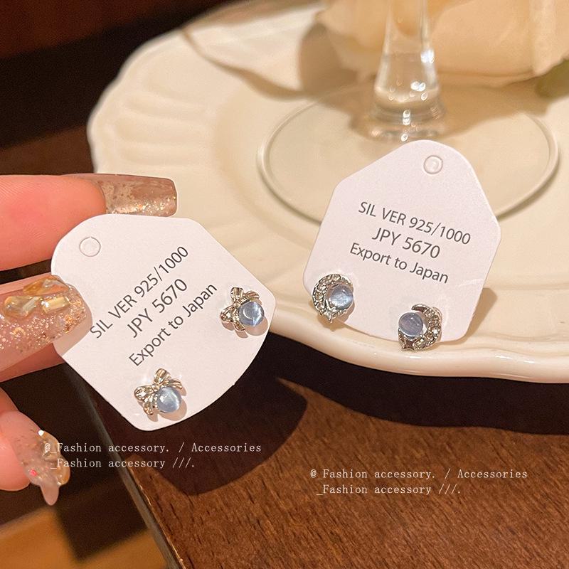 Blue Cat's Eye & Bow S925 Silver Needle Moon Star Earrings - Chic & Versatile Design for Women