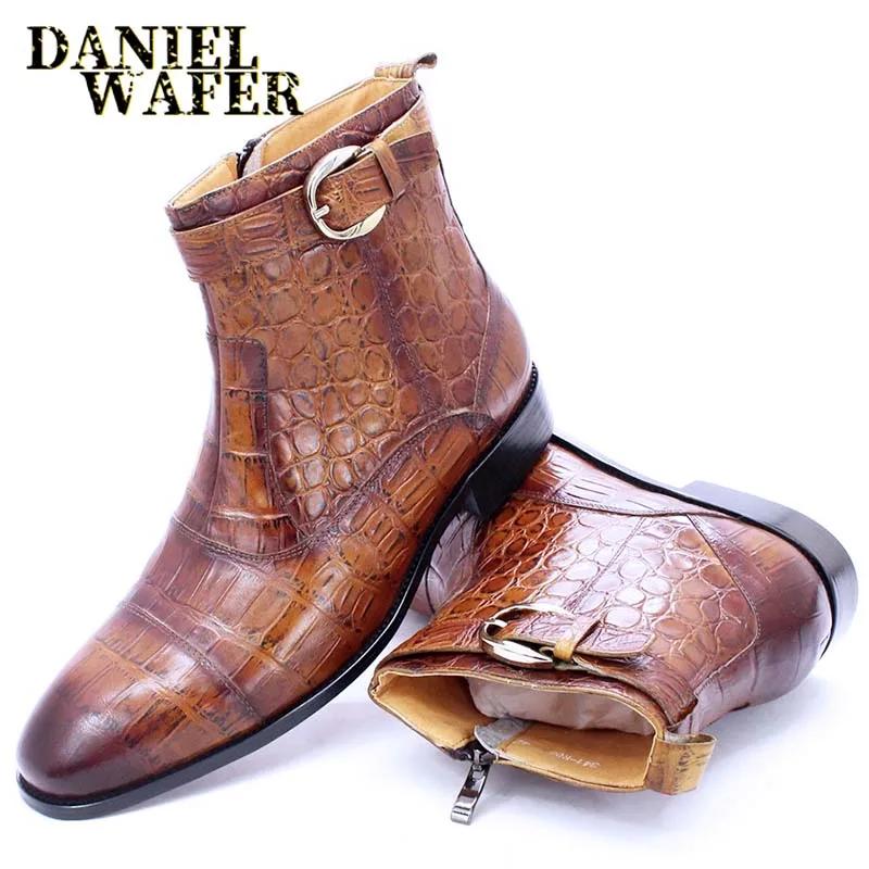 Fashion Luxury Ankle Boots Mens Dress Shoes Black Brown Blue Crocodile Print Genuine Leather Zip Buckle Wedding Office Chelsea Boots Men