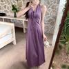 Purple polka dot neck dress women's summer French vacation style temperament v-neck waist thin a word suspender dress