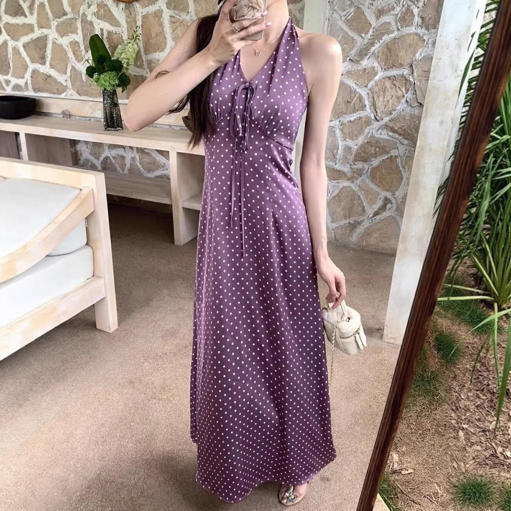Purple polka dot neck dress women's summer French vacation style temperament v-neck waist thin a word suspender dress