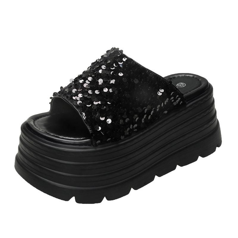 

8Cm thick bottom height-increasing slippers women s summer outer wear 2025 new versatile sequins one-word drag Korean version fairy sandals tide 34 чорний