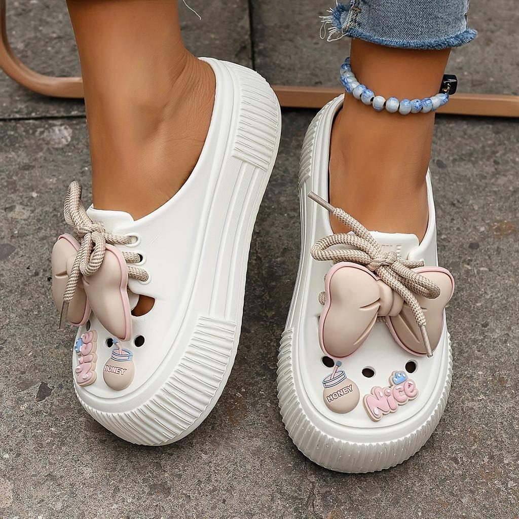 Women's Bow Decor Platform Clogs, Stylish Closed Toe Summer Beach Slide Shoes, Fashion Outdoor Lace-up Beach Garden Sandals