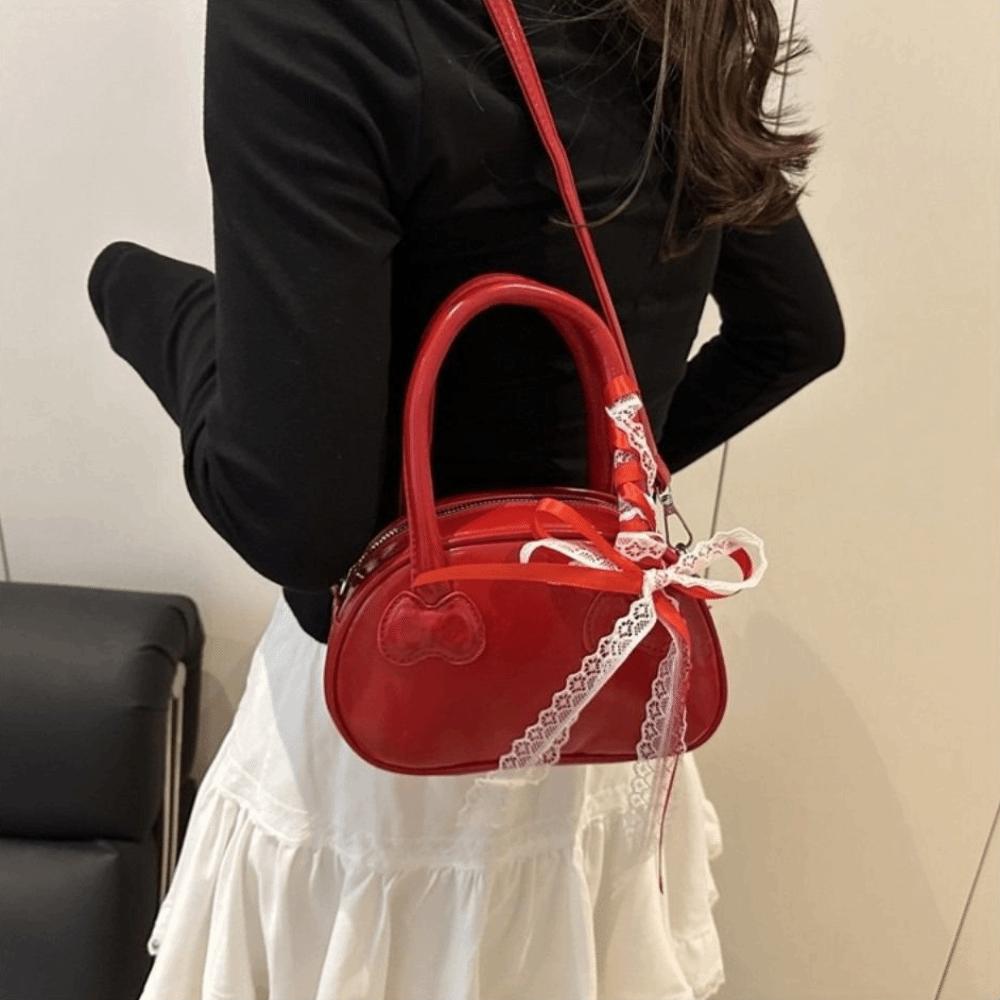 Pu Leather Lace Ribbons Boston Bag Korean Commute Handbag Niche Bow Crossbody Bag Purse