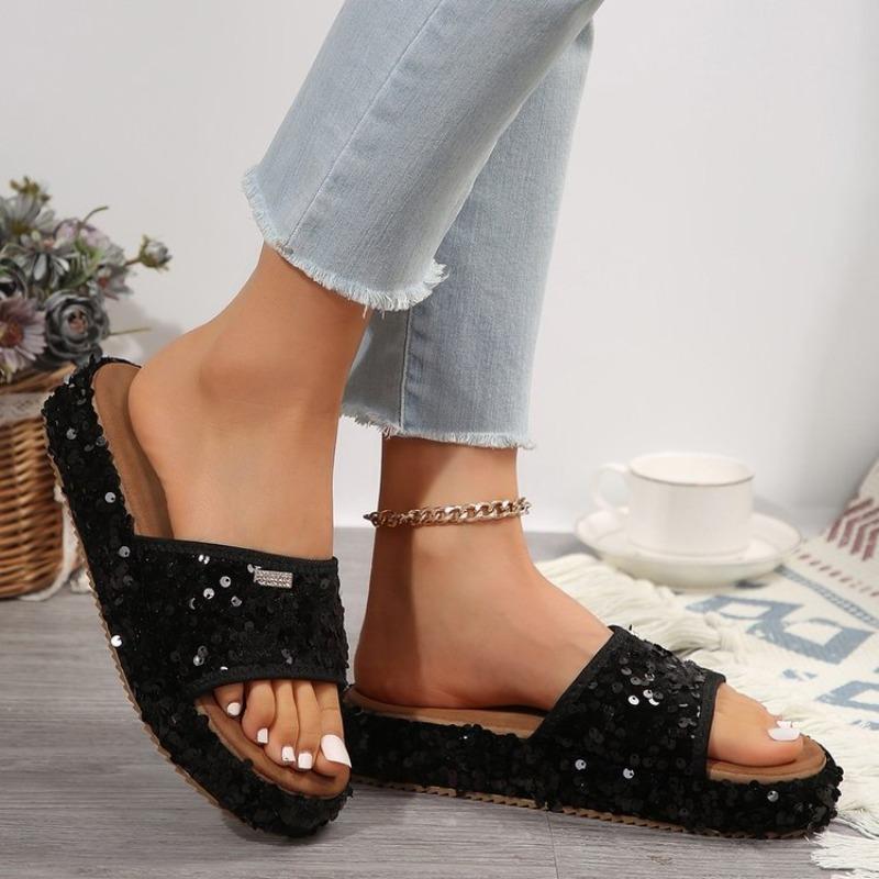Large Size Sequined Flat-bottomed Slippers Women's Summer Thick-soled Heightening Sandals Women