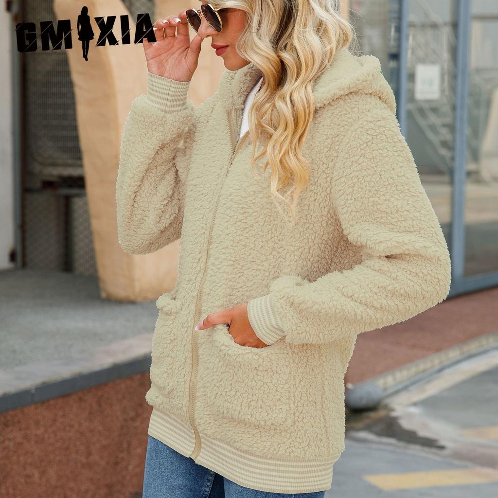 GMXIA 's Casual Autumn Women's Long-sleeved Hooded Zipper No-iron Solid Color Loose Mid-length Bubble Fleece Jacket