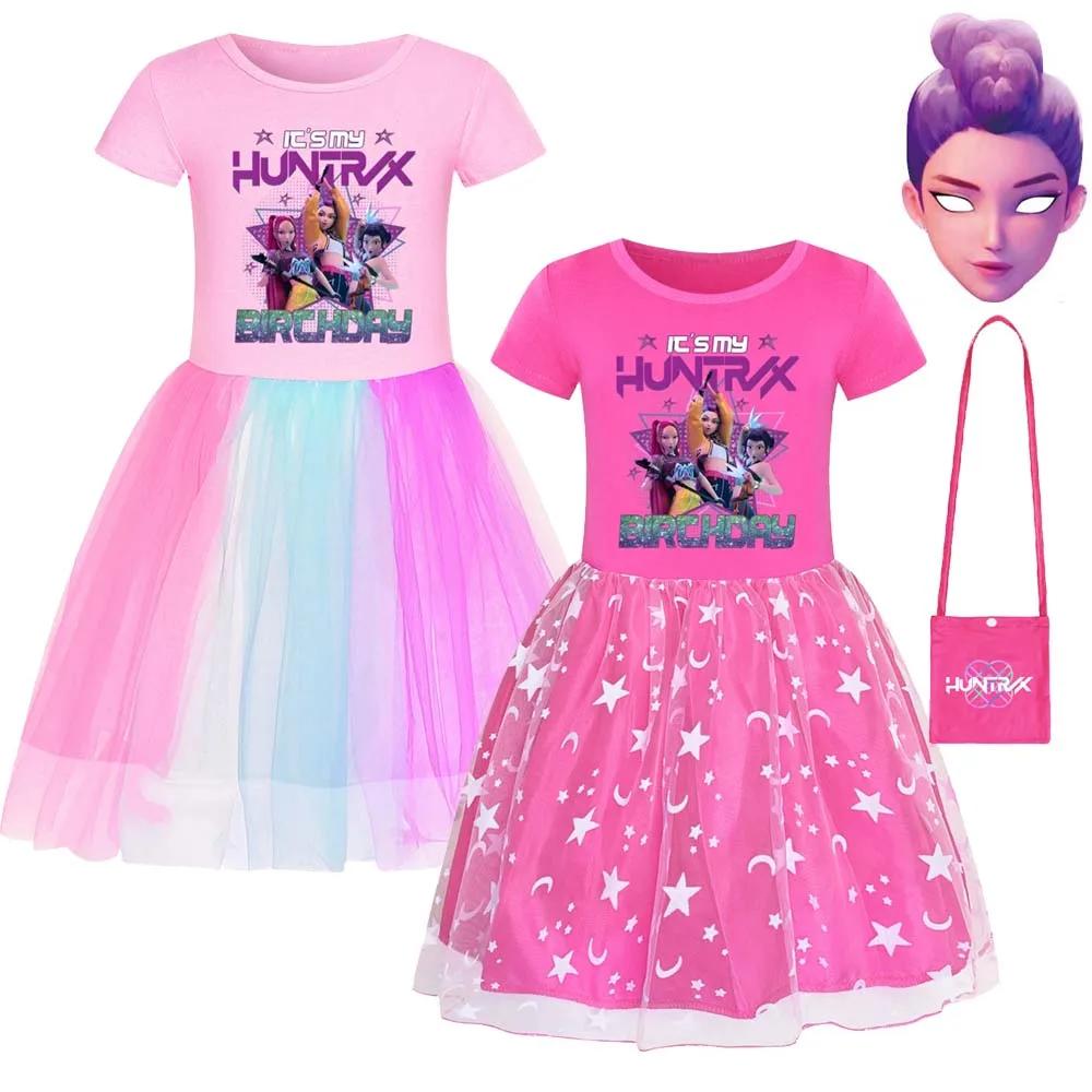Robes Dessin Animé Kpop Chasseurs de Démons pour Bébés Filles Enfants Rumi Mira Zoey Vêtements Imprimés Costume Cosplay Robe Décontractée Fille Masque Gratuit