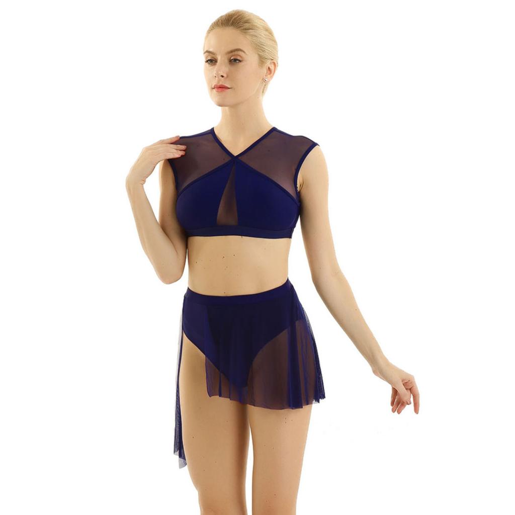 Tanzkleid für Damen, asymmetrisches Mesh-Ballett, lateinamerikanische Tanz-Outfits, überkreuzte Crop-Tops und kurzer Rock