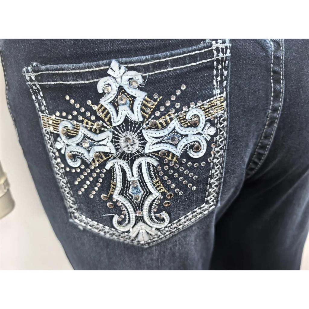 RogueWave Jeans Pantaloni a Zampa Donna Vintage Boot Cut Ricamo Tasche Strass Lavati Donna Jeans Strappati Pantaloni Streetwear