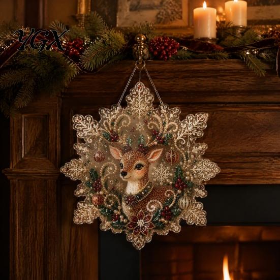 Easy To Install Holiday Accessories Christmas Acrylic Pendant with Metal Chain, Double-sided Printed 2D Snowflake Gift Ornaments for Family