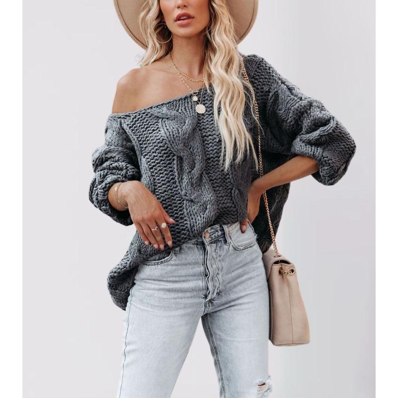 MGHR Women's Fashion Casual Solid Color Print Autumn Winter Long Sleeve Loose Sweaters