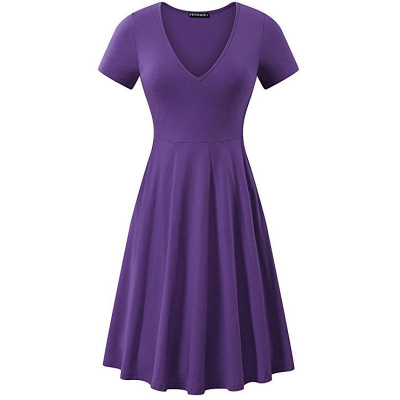 Spring and Summer Large Size Solid Color V-neck Short-sleeved Simple Loose Dress