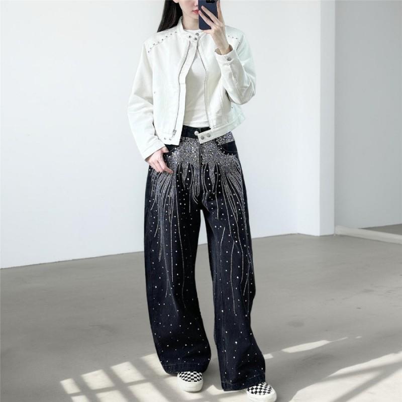 

Slightly Fat Mm Retro Hot Drilling Jeans Women s Large Size Street Trend Loose Straight Slimming Pants M чёрный