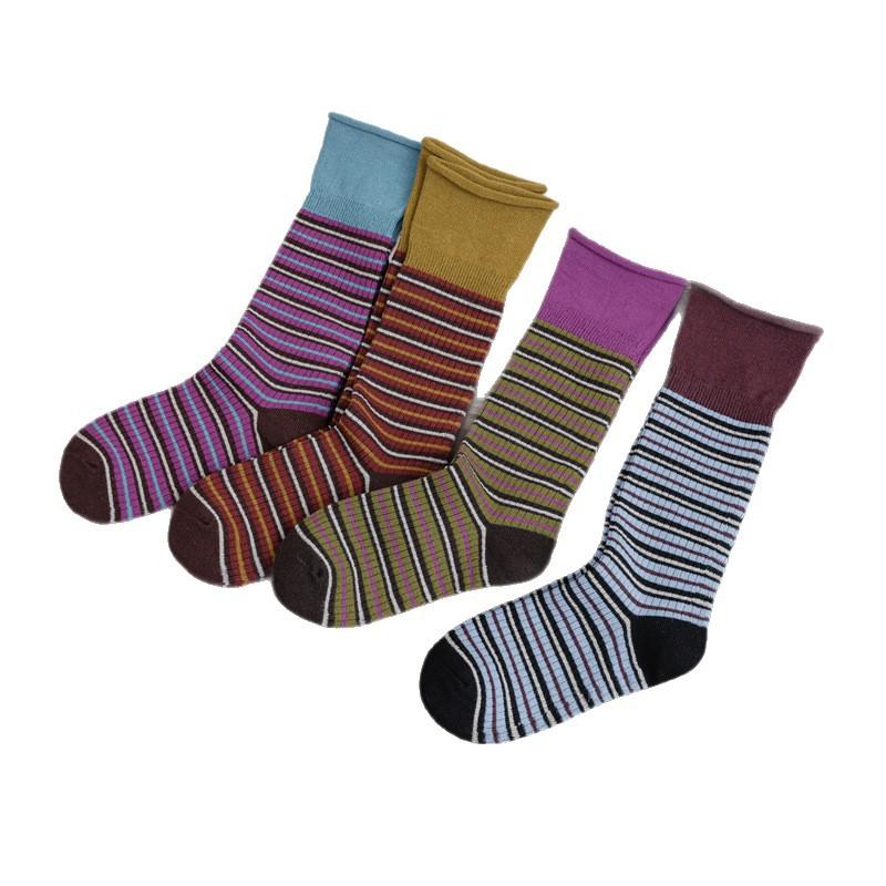 Autumn and Winter Color-blocking, Artistic and Retro Striped Mid-calf Socks for Women's Fashion, Pile Socks