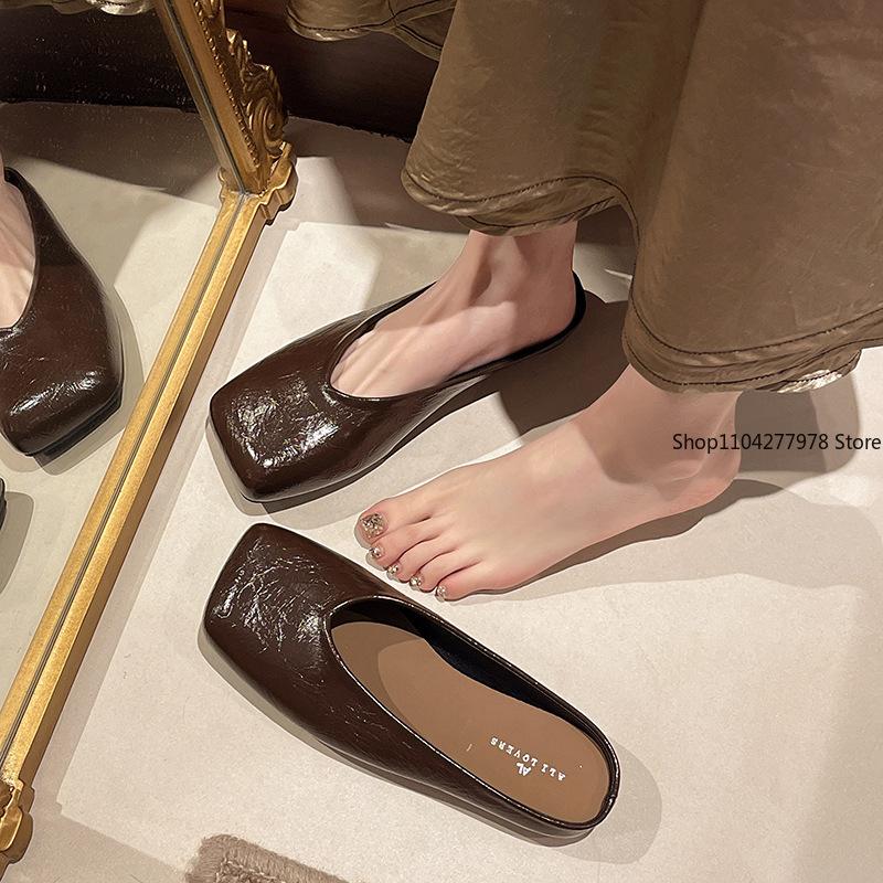 Fashion Korean Thick Heel Cool Slippers for Women 2025 Spring New Comfortable Soft Bottom Foot Cover Bag Head and Half Drag Women Flats