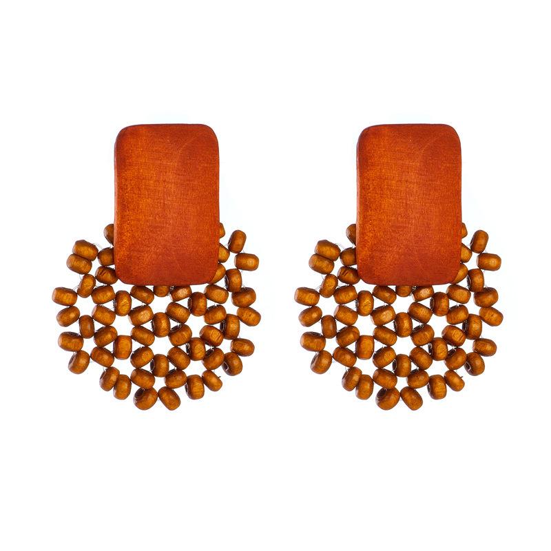 Boho Geometric Wooden Handmade Beaded / Rattan Braid Earrings Fashion Exaggerated Women Drop Earring Ethnic Style Jewelry
