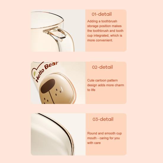 Mouthwash Cup Non-Slip Handle Smooth Round Mouth Transparent Body Rabbit Bear Design Bathroom Cup with Toothbrush Slot