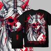 Edgy Japanese Oni Geisha Tattoo Tee with Samurai Sword and Red Floral Print Men's T-shirt Summer Casual Wear