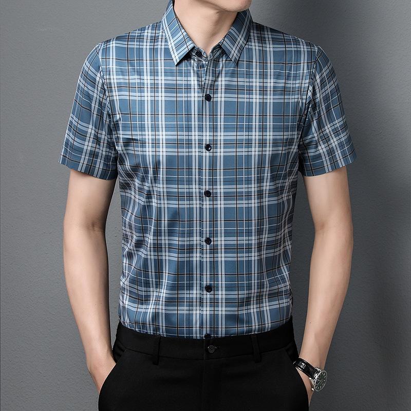 

Рубашка с короткими рукавами, мужская, тонкая, летняя, повседневная, клетчатая рубашка, мужская, с лацканами из ледяного шелка XXXXL синий