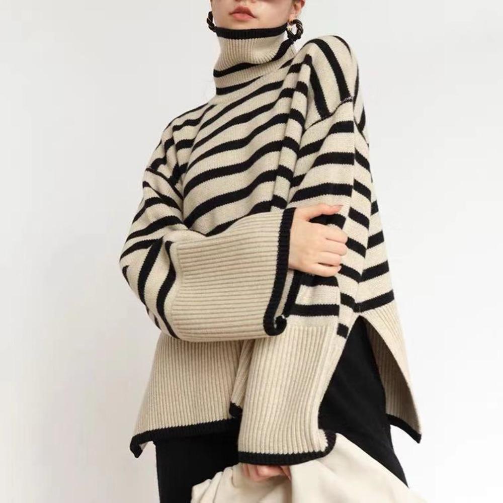 IHUASU Women's Striped Turtleneck Jumper Autumn and Winter Loose Design Niche Knitwear Pullover Jacket