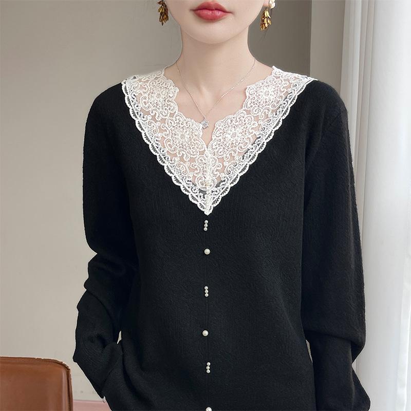 2025 French V-Neck Lace Camisole: Women's Long-Sleeve Top for Autumn/Winter