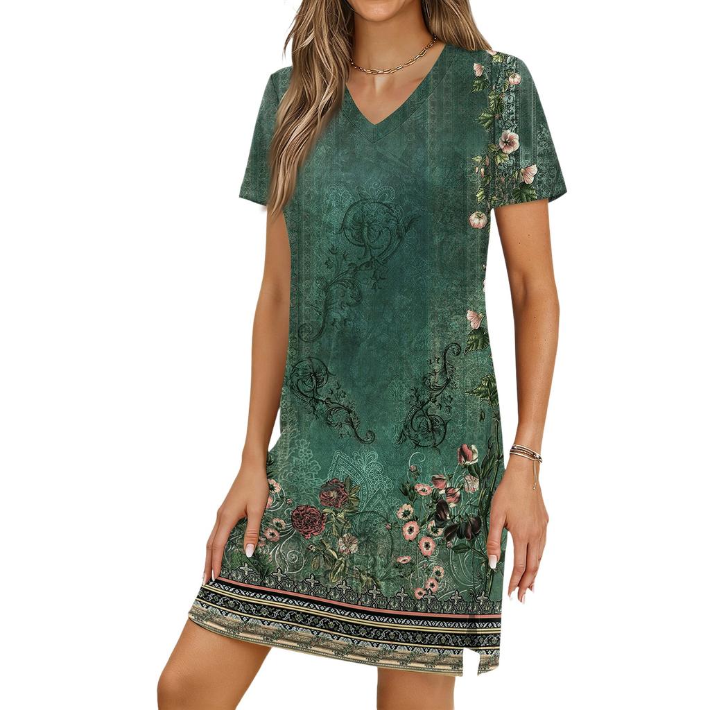 Women's Casual V-neck Short Sleeve Split Hem Vintage Printed Dress