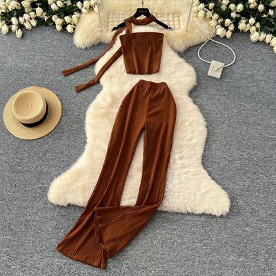 Sexy Hanging Neck Fluttering Belt Sleeveless Bustier Undershirt Women's High-waisted Slim Package Hip Leisure Micro Pants Suit