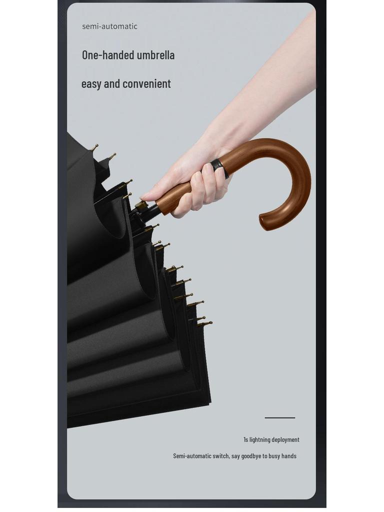 Dubo Extra-Großer 16-Speichen-Holzschirm mit gebogenem Griff - Verstärkt, Verdickt, Business-Sturmsicher für Herren