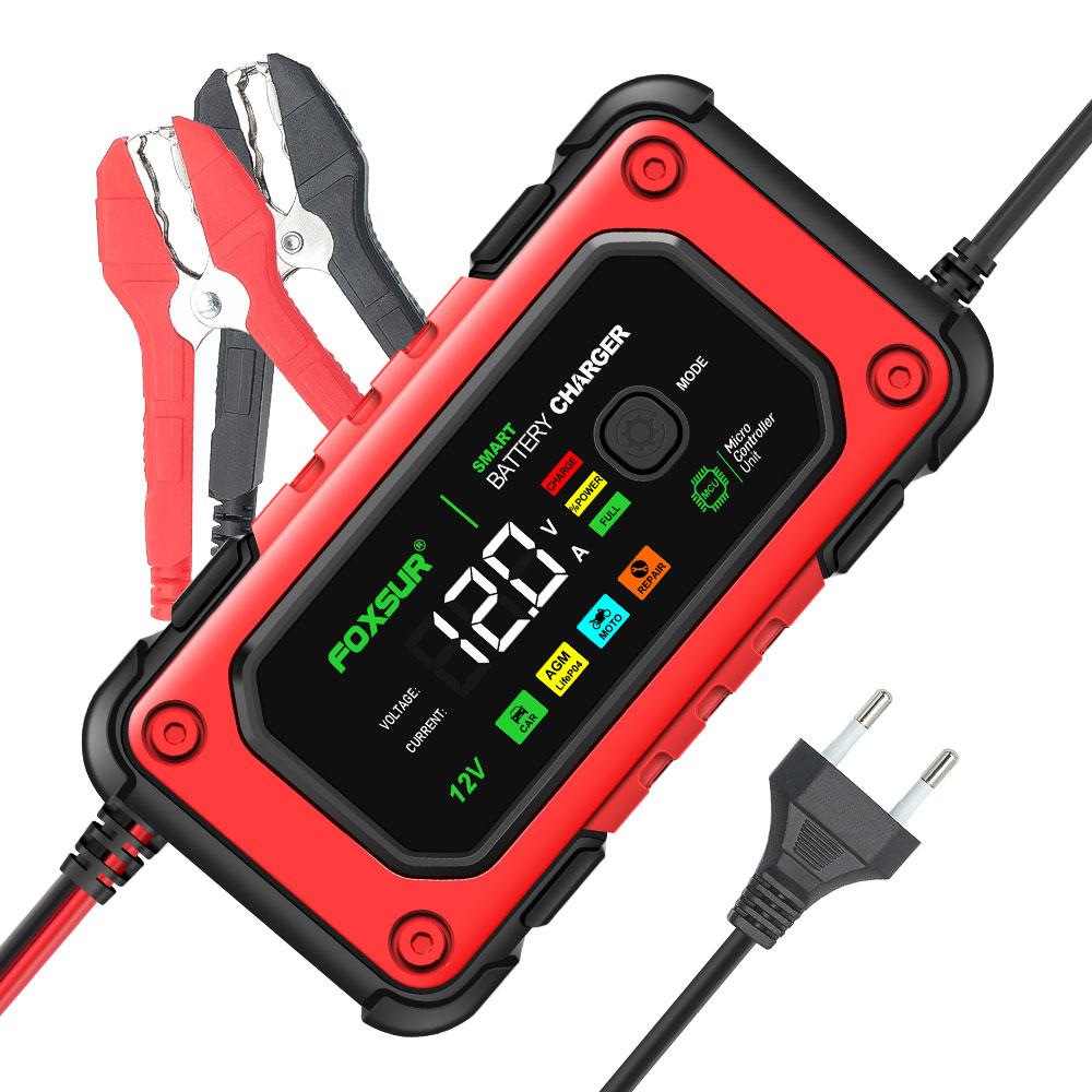 FOXSUR 12V 7A FBC1207E Universal Repair Car Battery Charger Intelligent Repair Motorcycle Charger for Lead Acid LiFePO4 Battery