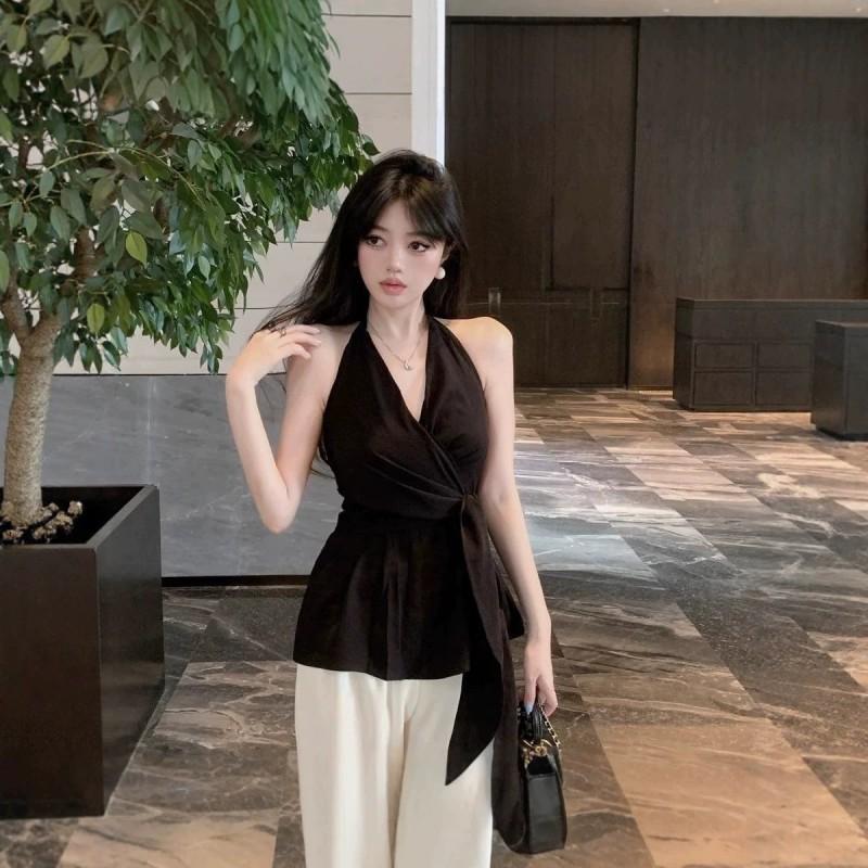 Womens Black Backless Halter Sleeveless Shirt Chic Slim Fit Tie Waist Blouse