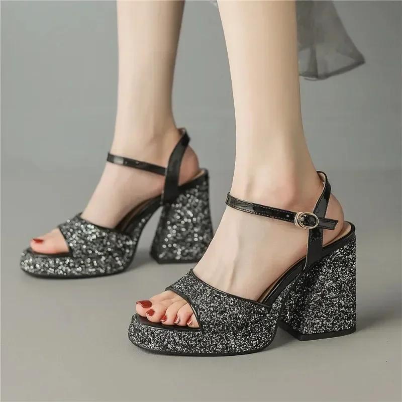 Damen Glitzernde Pailletten Plateau Sandalen Silber Gold Party Schuhe Sommer Absatz Chunky Heel Peep Toe Pailletten Damen Pantoletten Sandalen