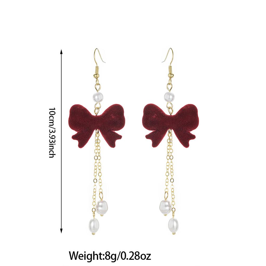 1 pair of red velvet bow imitation pearl pendant long women's earrings, versatile for daily use and suitable for holiday wear