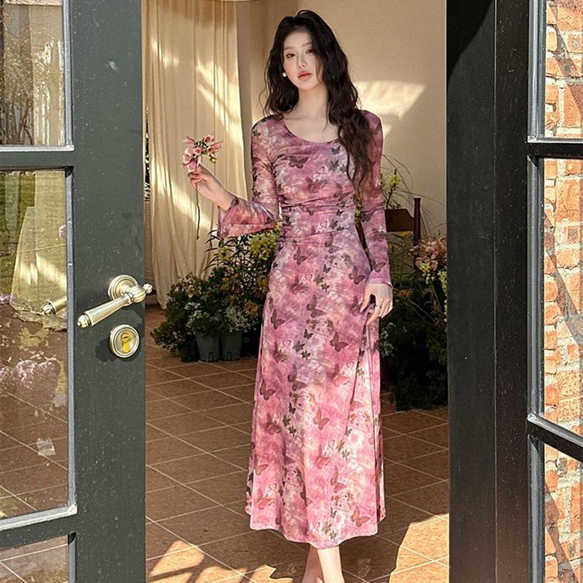 Women s Spicy Mesh Square Neck Long Sleeve Slim Fit Split Dress XL