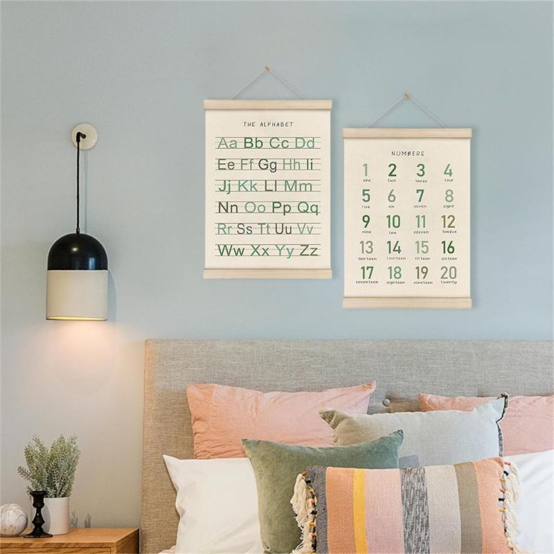 2Pieces Toddler Learning Alphabets and Number Posters with Wood Hanger Frame for Classroom and Playroom Nursery Decors