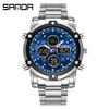 Sanda Men's Multifunctional Large Dial Steel Strap Waterproof Watch with Three Time Zones for Outdoor Sports - Model 3394