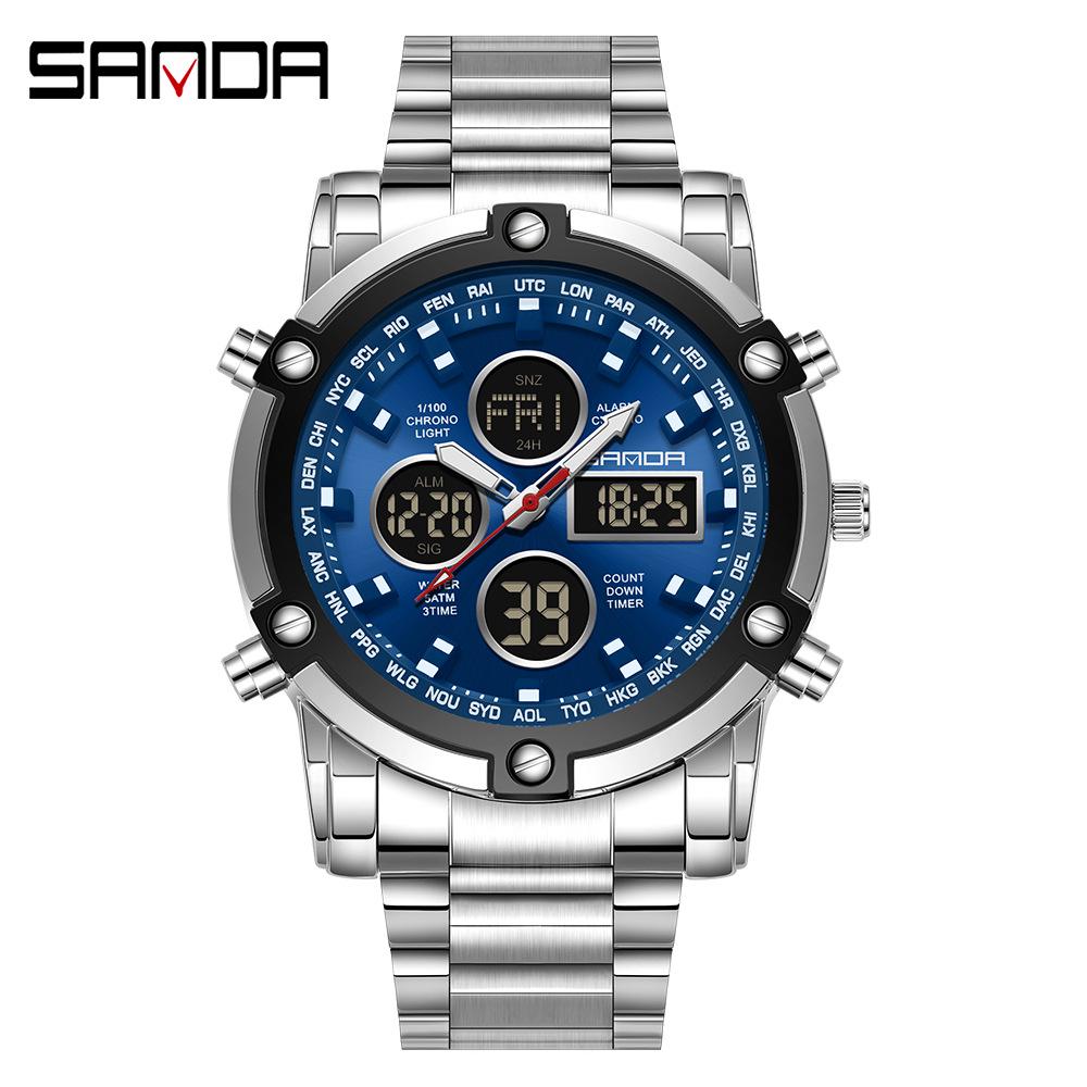 Sanda Men's Multifunctional Large Dial Steel Strap Waterproof Watch with Three Time Zones for Outdoor Sports - Model 3394